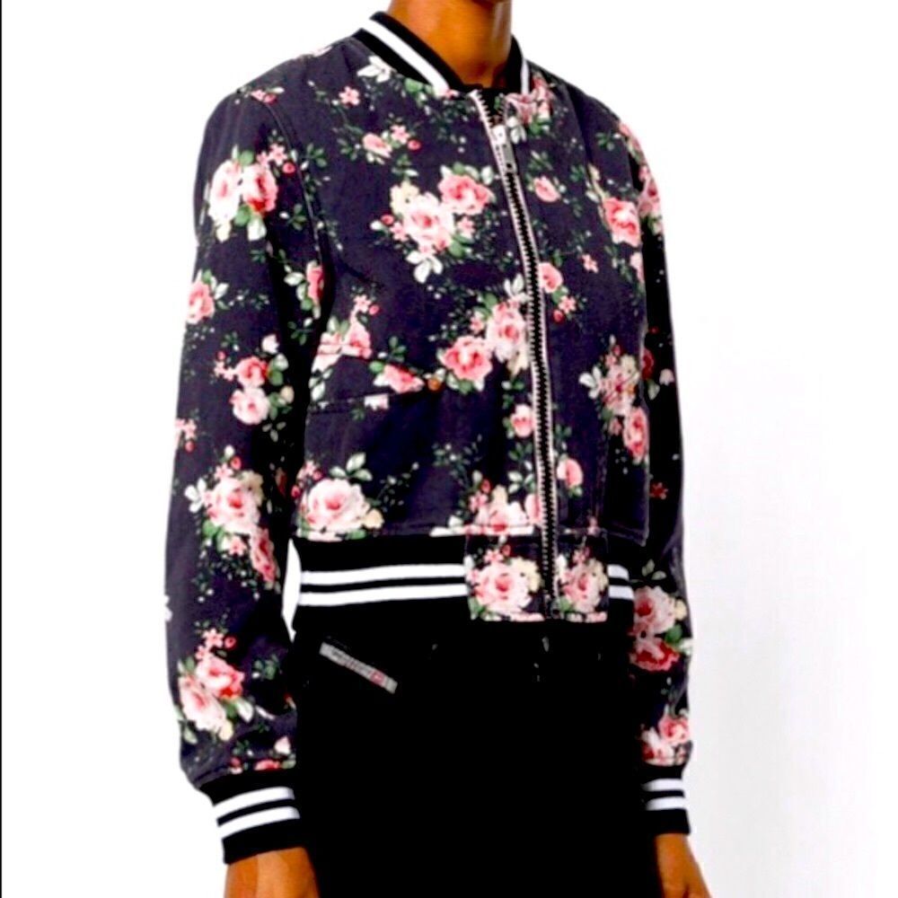 Diesel Floral Bomber Jacket NWT XS – Black Pink Rose Print Cropped Varsity Style